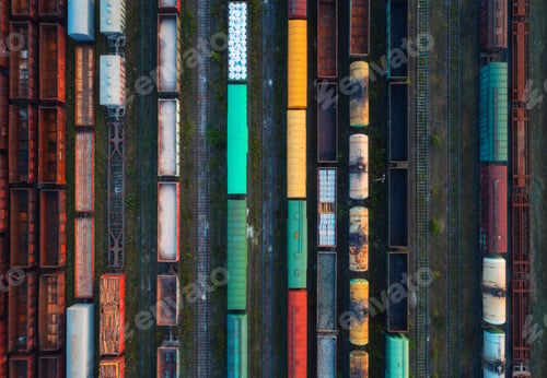 Preview: Top view of colorful cargo trains. Aerial view