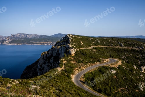 Preview: aerial view of winding road in mountains, Calanques de Marseille (Massif des Calanques), provence,