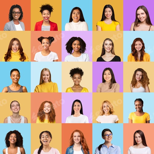 Preview: Mosaic Of Happy Young Women Portraits Over Colorful Backgrounds, Square