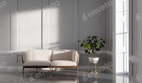 Preview: Classic empty interior apartment with sofa monstera plant.