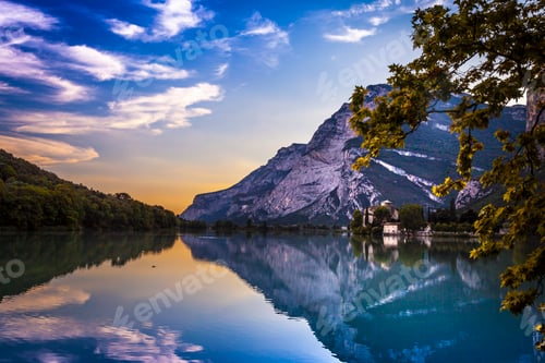 Preview: View of lake and mountains, Trentino Alto Adige, Italy