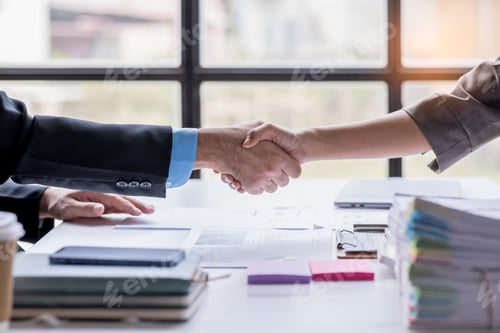 Preview: Handshake of businesspeople. Female and male hand makes a handshake in the office.
