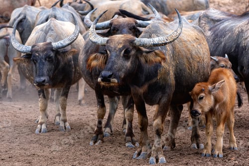 Preview: Group of Water buffalo (Thai buffalo) at countryside in Southern of Thailand.