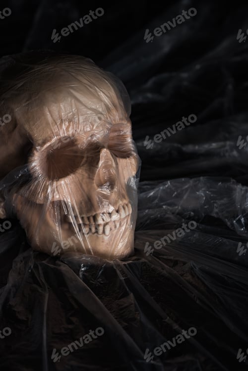 Preview: spooky human skull in cellophane on black background, Halloween decoration