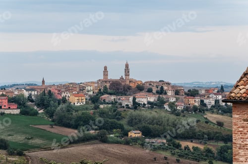 Preview: Aerial shot of Orciano di Pesaro with buildings in Italy