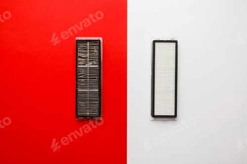 Preview: Dirty used and new air cleaning filters. Time to replace filter concept