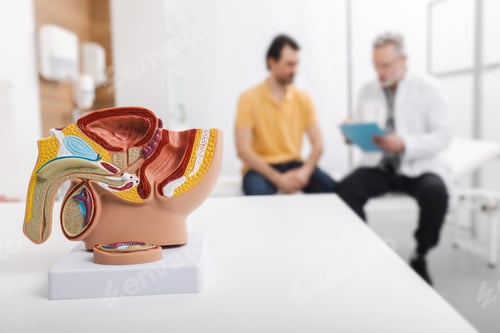 Preview: Male reproductive anatomy model on doctor's table during urologist consultation for sick patient in