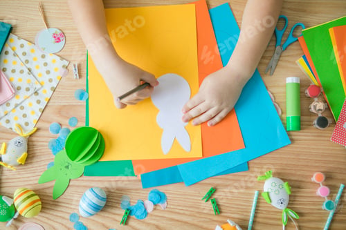 Preview: Circle bunny blanks from multi-colored paper. Childrens handmade Easter craft, DIY