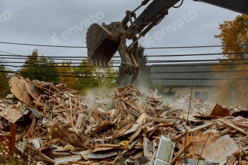Preview: house destroyed bricks, sticks trees, debris beam natural disaster structure, tornado