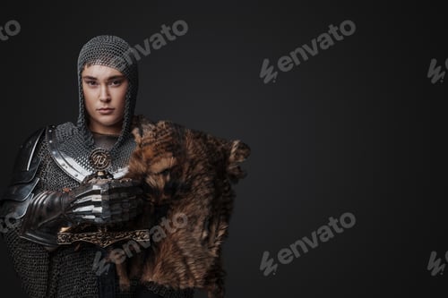 Preview: Female royal knight with fur and chainmail holding helmet