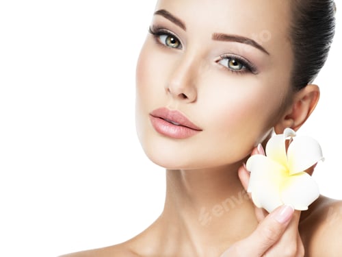 Preview: Elegant Woman with Flower Posing on White Background