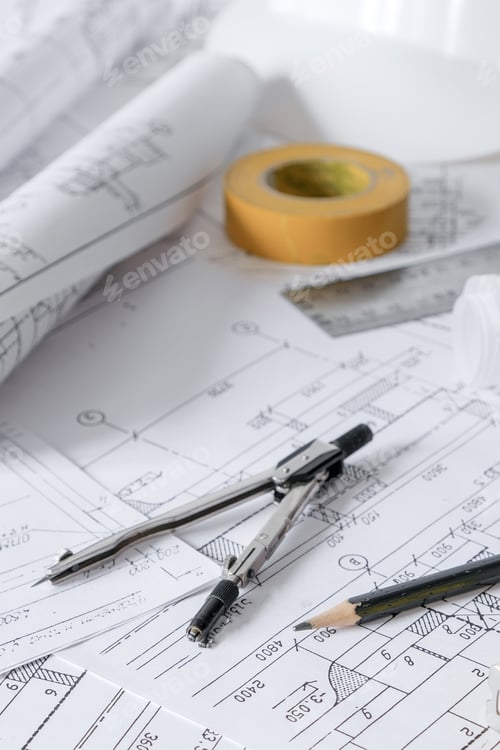 Preview: architect design working drawing sketch plans blueprints and making architectural construction model