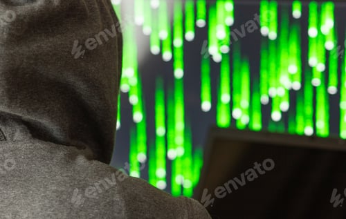 Preview: Close-up, hacker's back and monitor with blurred background