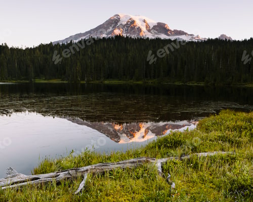 Preview: View of Mount Rainier from Reflection Lakes at dawn in Mount Rainier national park.