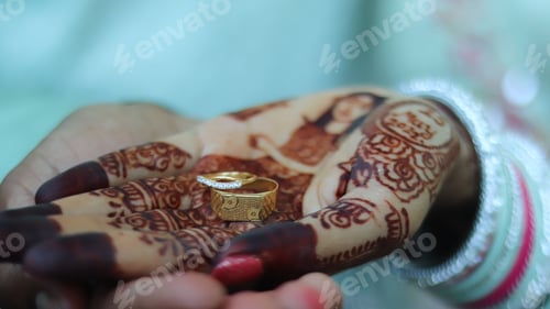 Preview: Closeup of a bride's hand painted with henna with golden wedding rings in it