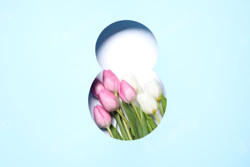 Preview: 8 March greeting card design with tulips, top view. Happy International Women's Day