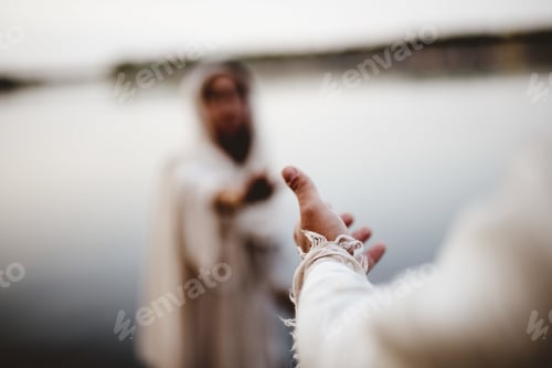 Preview: Biblical scene - of Jesus Christ lending a hand to a female with a blurred background