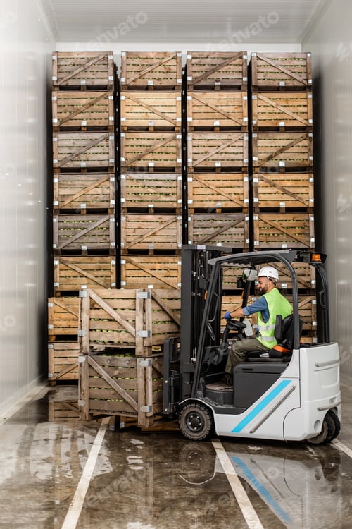 Preview: Modern warehouse, work on forklift, industry and organic agribusiness