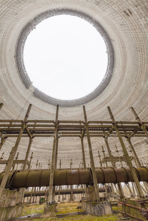 Preview: Futuristic view inside of cooling tower of unfinished Chernobyl nuclear power plant