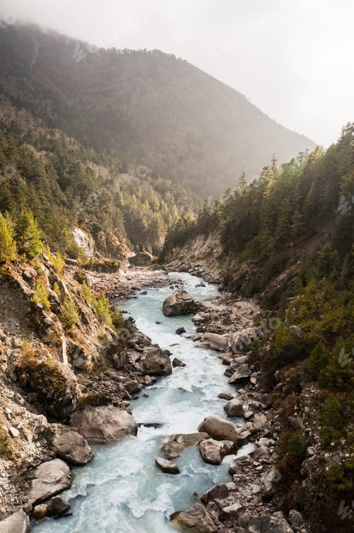 Preview: beautiful scenic landscape with mountain river in green forest, Nepal, Sagarmatha Zone, november