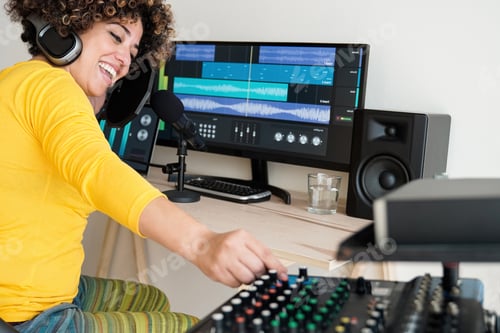 Preview: Music production studio - African singer recording with microphone - Artist engineer musician