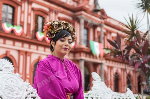 Preview: Portrait of Beautiful Mexican Woman with Floral Headdress Celebrating Independence Day