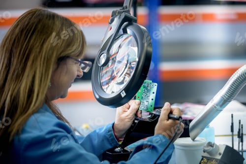 Preview: Female worker soldering electronic parts in clean room in electronics factory