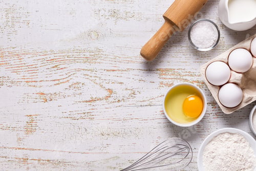 Preview: Ingredients for baking - flour, eggs, salt, sugar, milk.