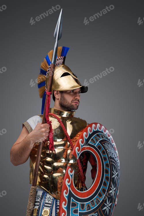 Preview: Greek fighter from past with spear and rounded shield