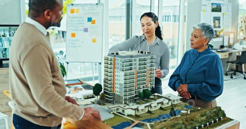 Preview: Business people, architect and team with 3D model for industrial development, project structure or