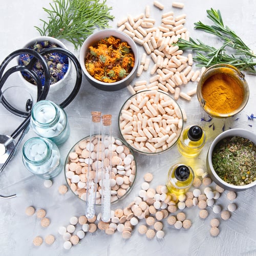 Preview: Alternative Medicine Herbs And Homeopathic Globules. Homeopathy Medicine Concept