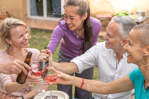 Preview: Friends toasting with beautiful smile around the table at house patio diner.