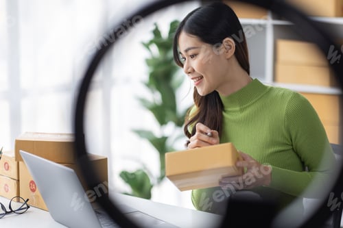 Preview: Startup SME small business entrepreneur freelance Asian woman using a laptop with box merchant selle