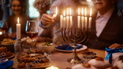 Preview: Close up of boy lighting candles in menorah while celebrating Hanukkah with family at dining table.