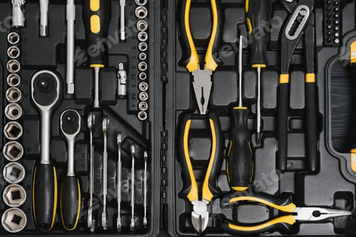 Preview: Set of tools for car repair in box, closeup.