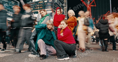 Preview: City, urban and Japanese friends with gen z, youth culture and streetwear style outdoor in Japan wi