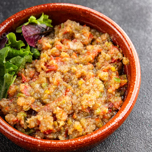 Preview: Eggplant dip aubergine salad Baba ganoush eggplant, tomato, onion vegetable dish fresh gourmet