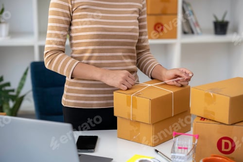 Preview: Starting a small business SME owner female entrepreneur holding a box and smiling at the camera Succ