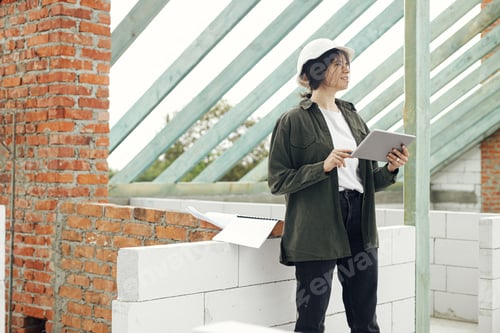 Preview: Stylish woman architect or engineer with tablet checking blueprints at wooden roof framing of house