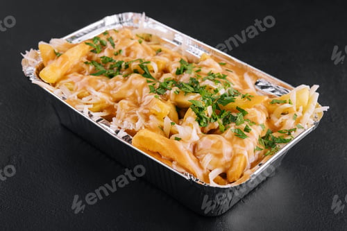Preview: delicious french fries with cheese sauce