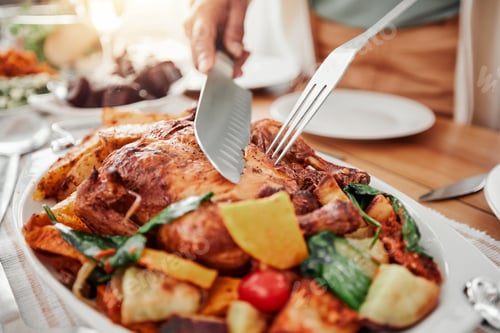 Preview: Food, roast chicken dinner and party, table setting and celebration and holiday with Christmas or t