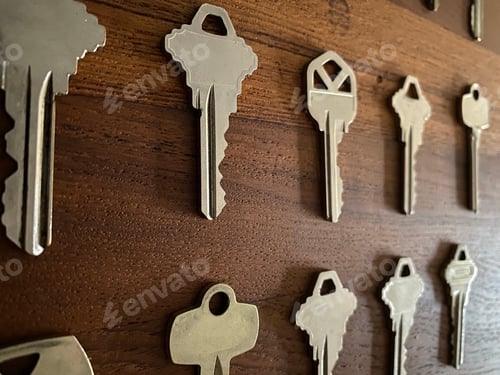 Preview: House keys on wooden surface, side angle view.