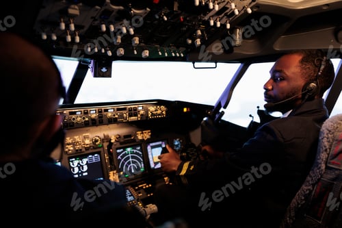 Preview: African american pilot flying aircraft jet doing teamwork with captain