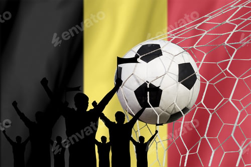 Preview: Silhouettes Of Soccer Fans With Flag Of Belgium.Cheer Concept