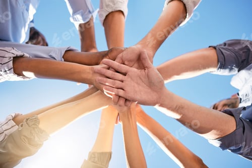 Preview: Low angle, hands and circle in success, solidarity or support team building, teamwork collaboration