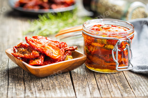 Preview: Sun dried tomatoe. Pickled tomatoes in jar.