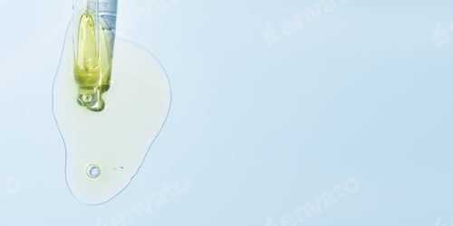 Preview: Dropper glass bottle branding mockup. Cosmetic pipette. Trendy blue background. Concept of organic