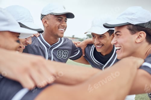 Preview: Team, baseball men in game, strategy or planning on grass pitch, sports field or team building in f