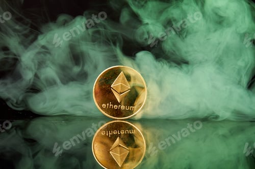 Preview: Golden ethereum coin on the smoke background