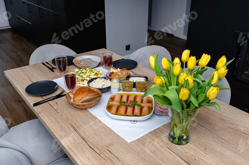 Traditional dishes from Poland for Easter breakfast, lying on the table in the dining room.